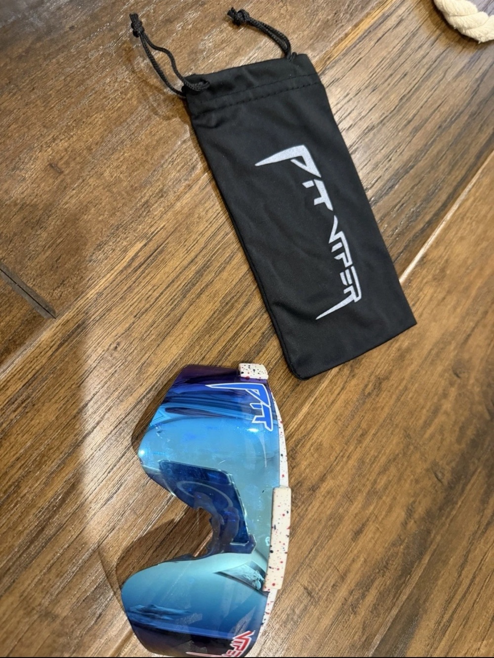 Pit Viper Blue Mirrored Shield Sunglasses with White Speckled Frame